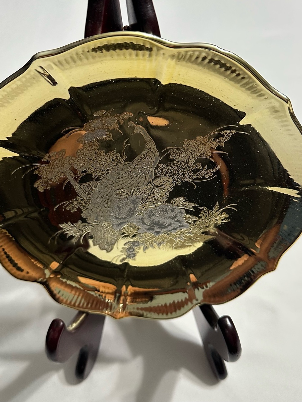 Gold Decorative Plate with Floral & peacock Etching